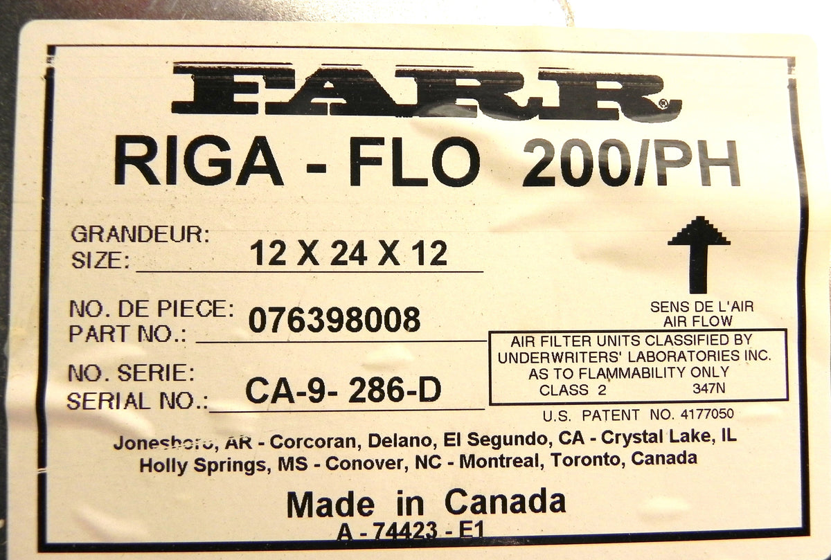 Camfil Farr Riga-Flo 12" x 24" x 12" Air Filter 076398008 200/PH  (Lot of 2) - Advance Operations