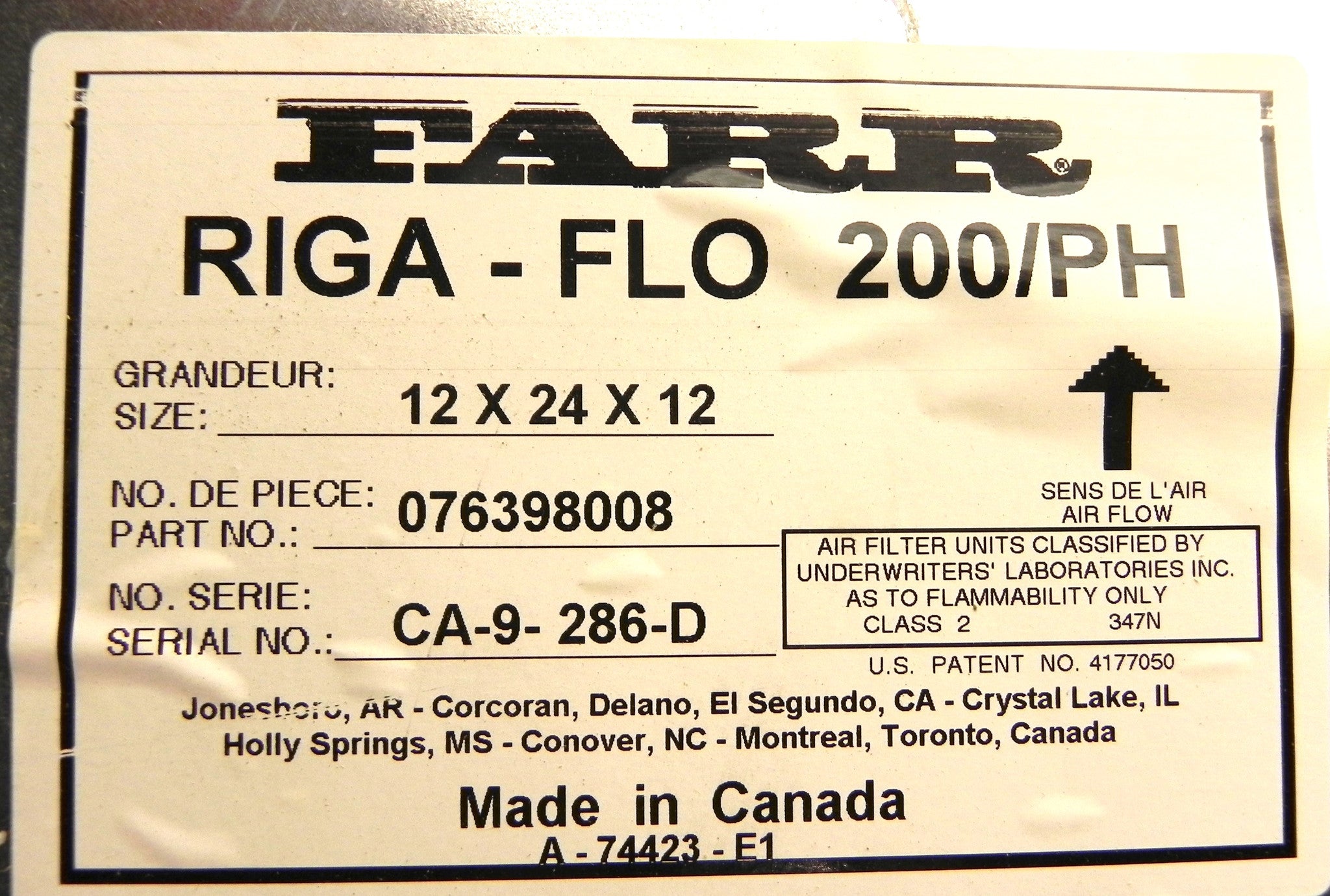 Camfil Farr Riga-Flo 12" x 24" x 12" Air Filter 076398008 200/PH  (Lot of 2) - Advance Operations