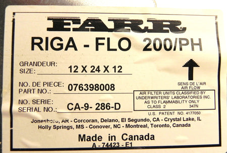 Camfil Farr Riga-Flo 12" x 24" x 12" Air Filter 076398008 200/PH  (Lot of 2) - Advance Operations