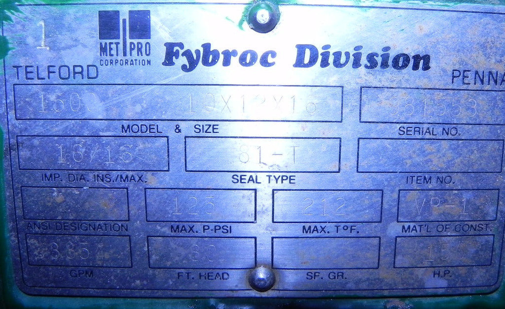 Fybroc Pump Back Assembly 1500 10x12X16 Refurbished - Advance Operations