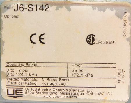 United Electric Pressure Switch Model 142 J6-S142 - Advance Operations