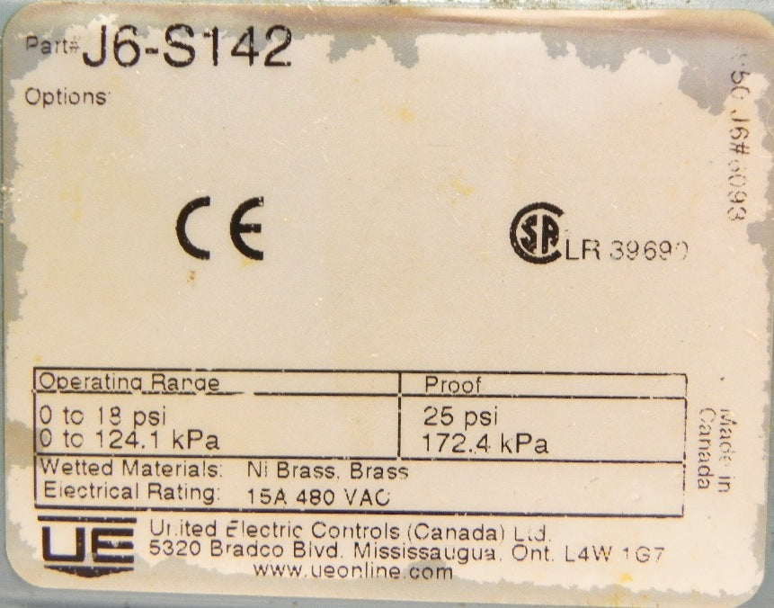 United Electric Pressure Switch Model 142 J6-S142 - Advance Operations