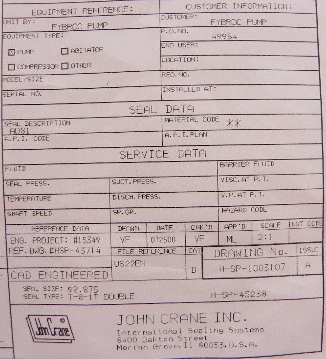John Crane Mechanical Seal Type 81T DBL 2-7/8" - Advance Operations