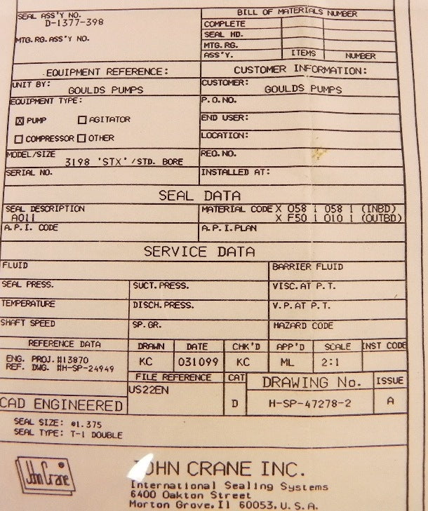 John Crane Mechanical Seal TYPE 1 DBL 1-3/8" - Advance Operations