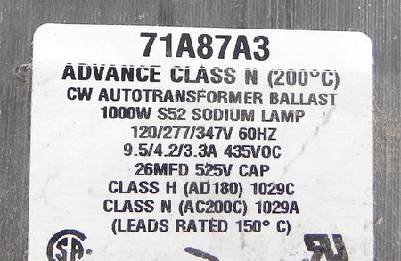Advance Lighting Ballast 71A87A3 - Advance Operations