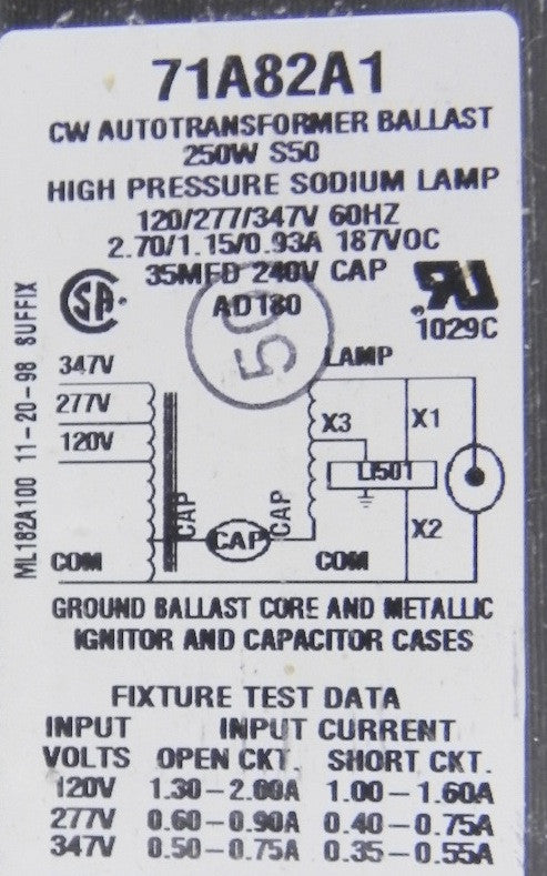 Hubbell Lighting Ballast BAL-0250S-006 71A82A1 - Advance Operations