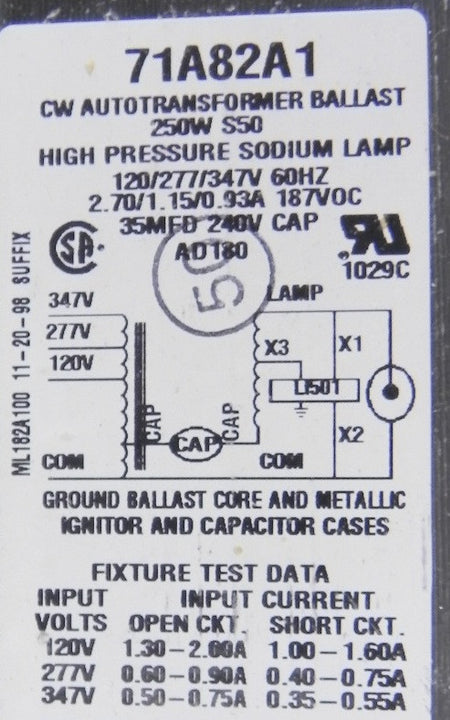 Hubbell Lighting Ballast BAL-0250S-006 71A82A1 - Advance Operations