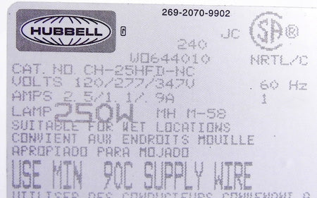 Hubbell Light Fixture Tribay Series CH-25HF-D-NC 250W - Advance Operations
