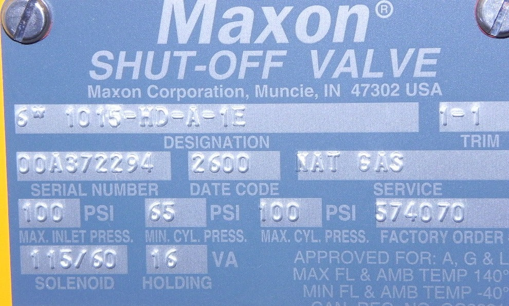 Maxon Actionair 6" Flanged Natural Gas Shut-Off Valve 1015-HD-A-1E - Advance Operations