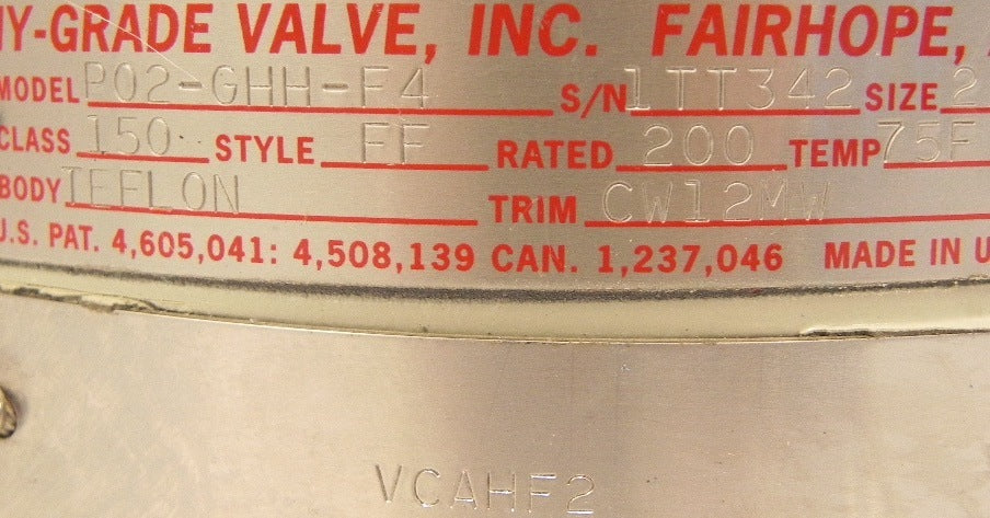 Hy-Grade 2" PTFE Teflon Check Valve P02-GHH-G4  For Corrosive Application - Advance Operations