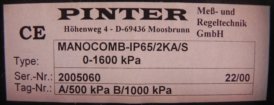 Pinter Manocomb Pressure Switch IP65/2KA/S 0-1600 kPa - Advance Operations