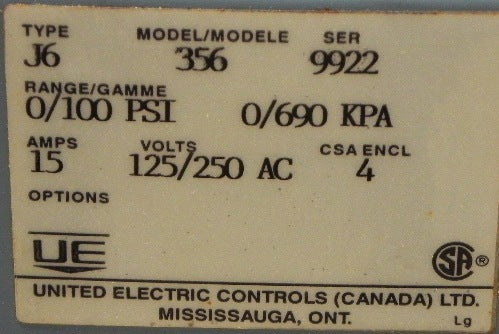 United Electric Type J6 Model 356 Pressure Switch - Advance Operations