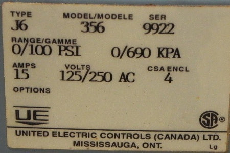 United Electric Type J6 Model 356 Pressure Switch - Advance Operations