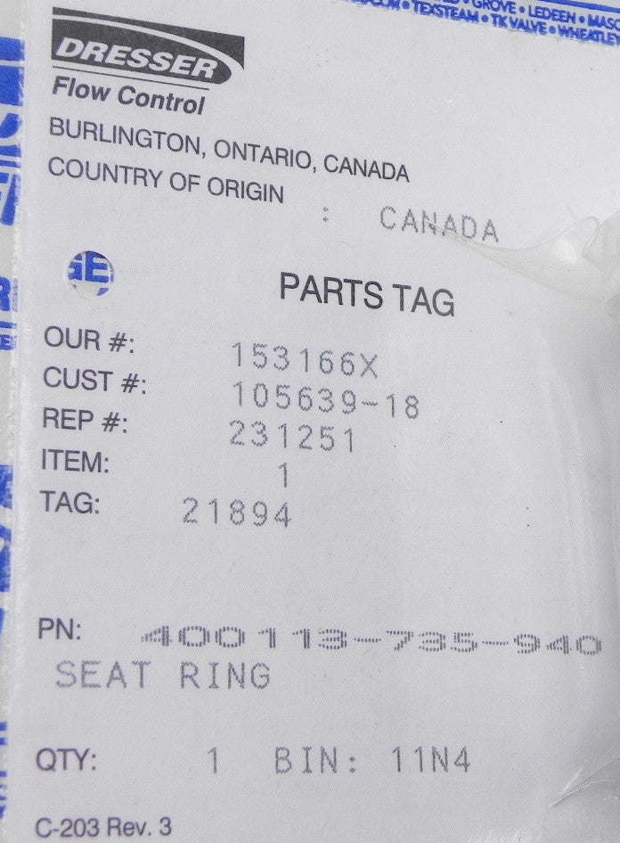 Dresser / Masoneilan PTFE Seat Ring 400113-735-940 - Advance Operations