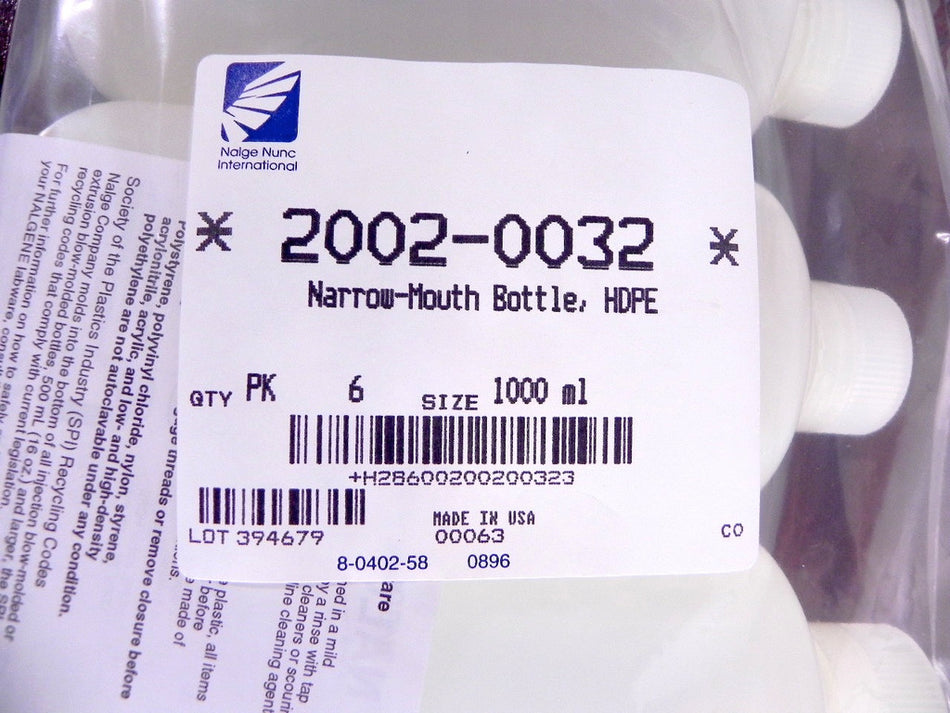 Nalge Nunc Narrow Mouth Bottle 1000ml 2002-0032 ( 6 ) - Advance Operations