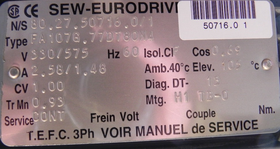Sew-Eurodrive Speed Reducer & Motor FA107G - Advance Operations