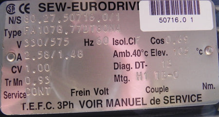 Sew-Eurodrive Speed Reducer & Motor FA107G - Advance Operations