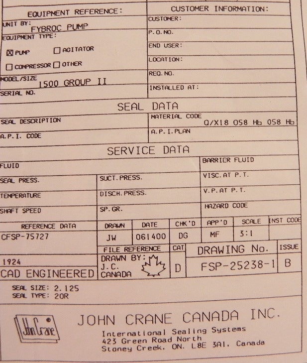 John Crane Mechanical Seal Type 20R 2-1/8" - Advance Operations