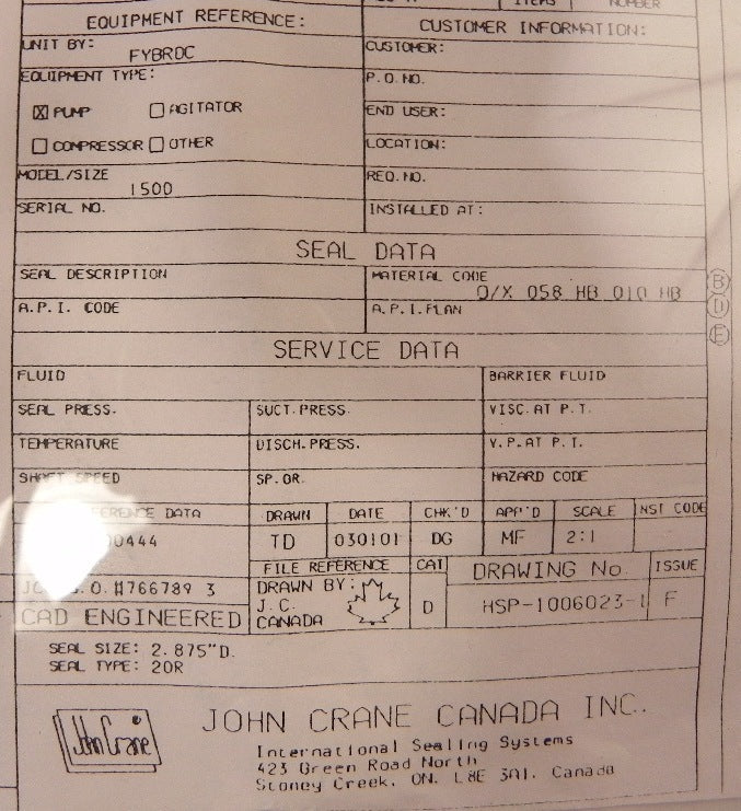 John Crane Mechanical Seal Type 20R 2.875" - Advance Operations