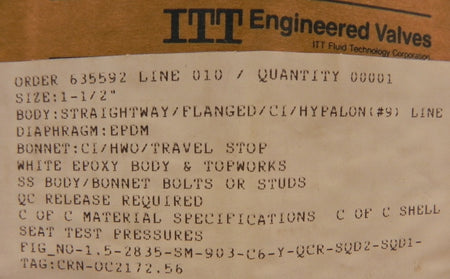 ITT Dia-Flo Flange Diaphragm Valve 1-1/2'' 1.5-2835-SM-903 EPDM diaphragm, Hypalon seat - Advance Operations