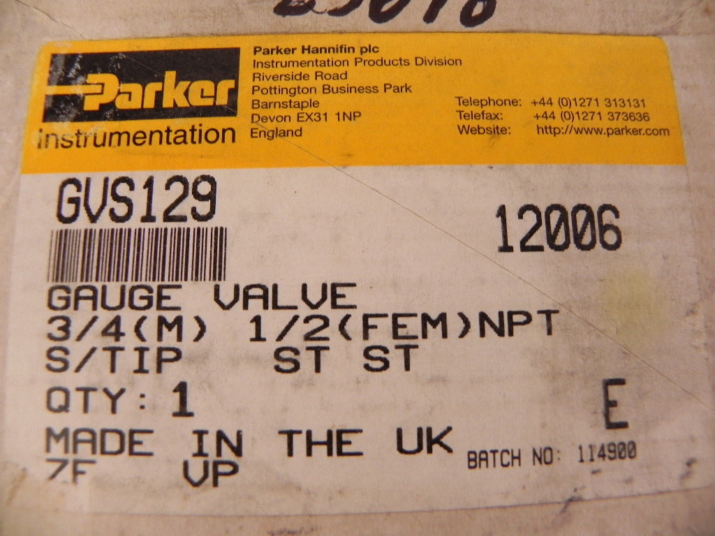 Parker Gauge Valve GVS129 - Advance Operations