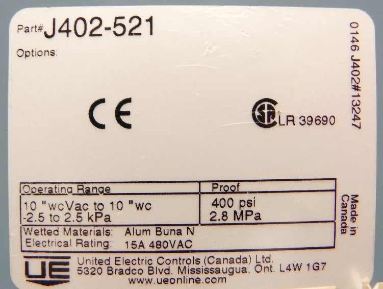 United Electric Pressure Switch w/ Diaphragm J402-521 - Advance Operations