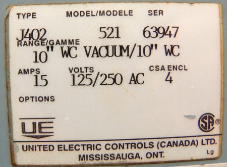 United Electric Pressure Switch w/ Diaphragm J402-521 - Advance Operations