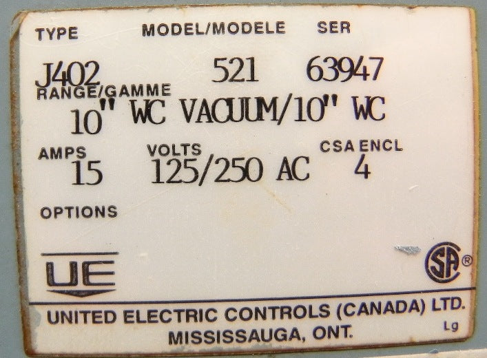 United Electric Pressure Switch w/ Diaphragm J402-521 - Advance Operations