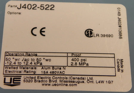 United Electric Pressure Switch w/ Seal J402-522 - Advance Operations