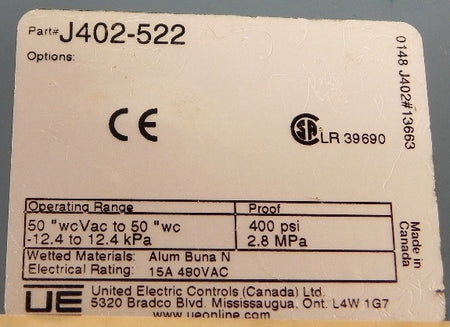 United Electric Pressure Switch w/ Seal J402-522 - Advance Operations