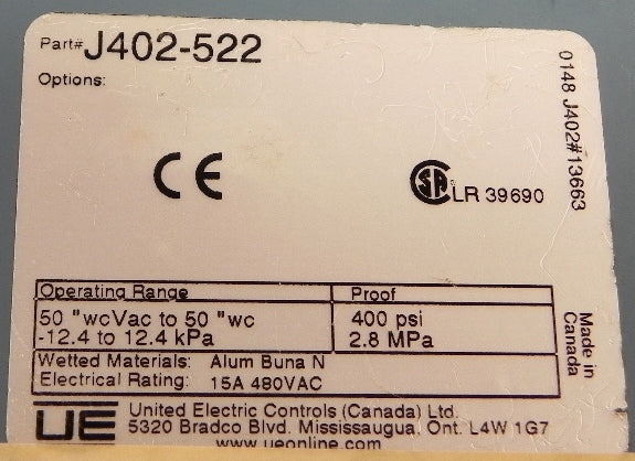 United Electric Pressure Switch w/ Seal J402-522 - Advance Operations