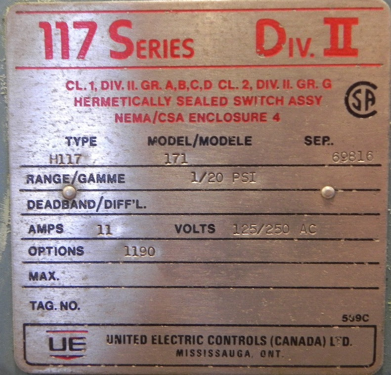 United Electric Pressure Switch H117-171-M440 - Advance Operations