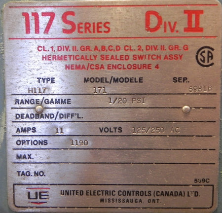 United Electric Pressure Switch H117-171-M440 - Advance Operations