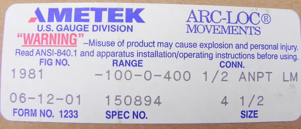 Ametek Pressure Gauge 150894 4-1/2" -30 to 60 psi - Advance Operations