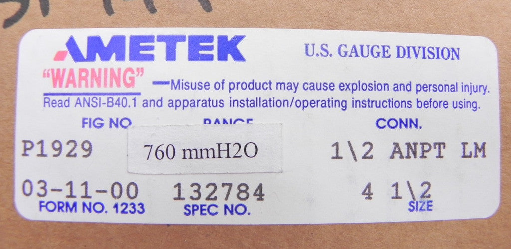 Ametek USG Pressure Gauge 132784  P1929 - Advance Operations