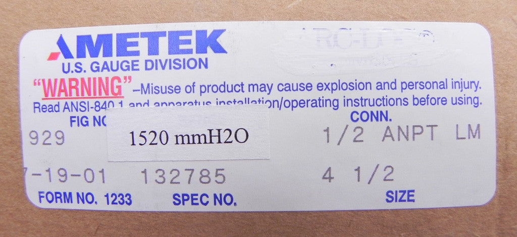Ametek USG Pressure Gauge 132785  929 - Advance Operations