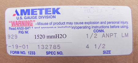 Ametek USG Pressure Gauge 132785  929 - Advance Operations
