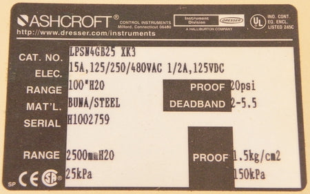Ashcroft Pressure Switch LPSN4GB25XK3 - Advance Operations
