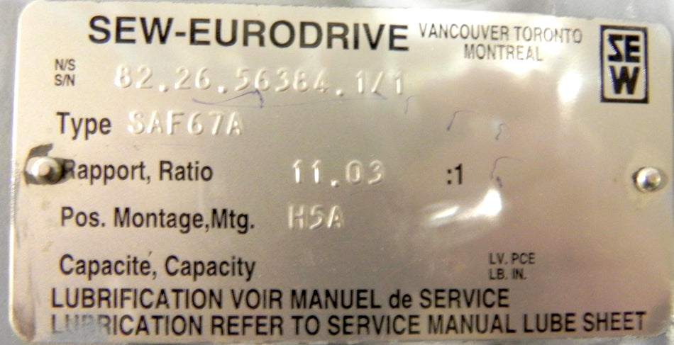 Sew-Eurodrive Helical-Worm Gearmotor SAF67 - Advance Operations