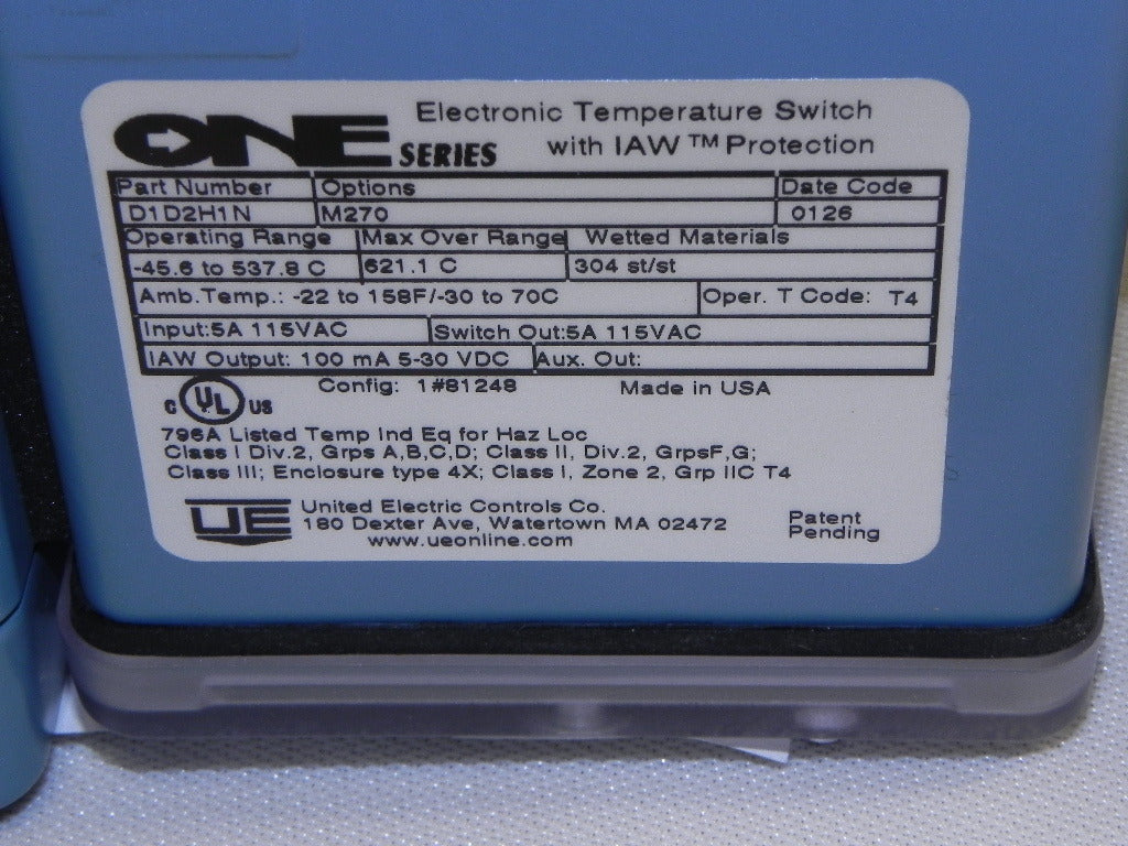 United Electric One Series Electronic Temperature Switch D1D2H1N -45 to 538 Deg C - Advance Operations