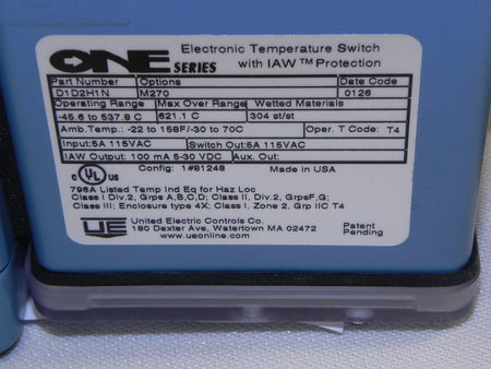 United Electric One Series Electronic Temperature Switch D1D2H1N -45 to 538 Deg C - Advance Operations