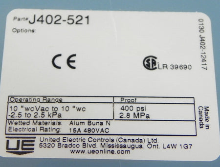 United Electric /Ametek Pressure Switch & Seal J402-521 & Diaphragm - Advance Operations