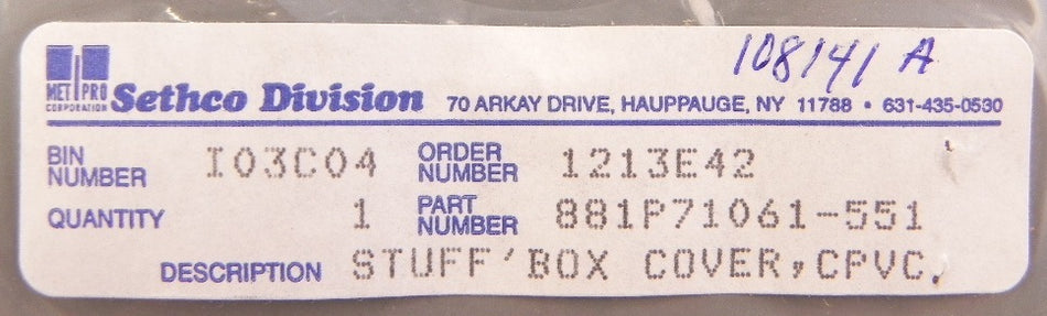 Sethco Stuff Box Cover / Rear Plate 881P71061-551 - Advance Operations