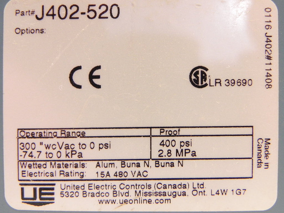 United Electric Pressure Switch J402-520 BUna N Diaphragm and Seal - Advance Operations