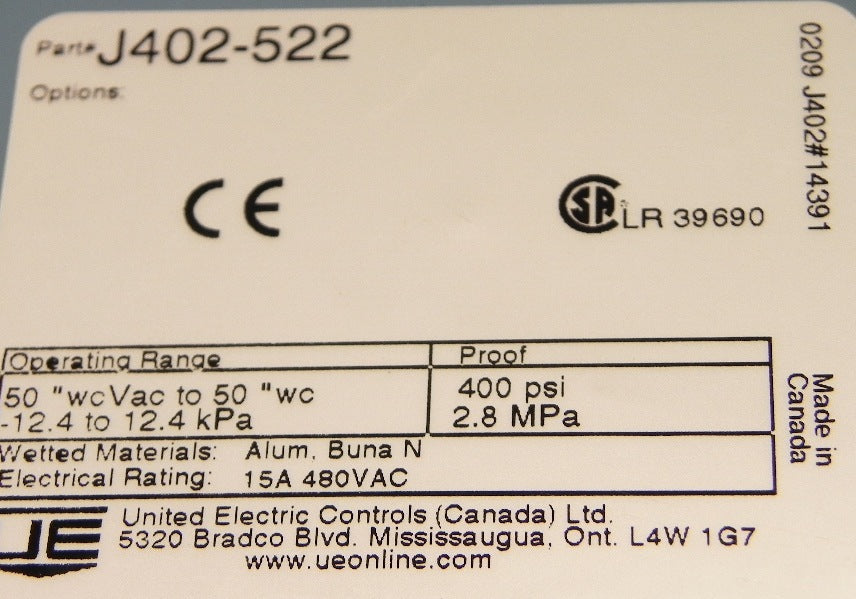 United Electric Pressure Switch J402-522 - Advance Operations