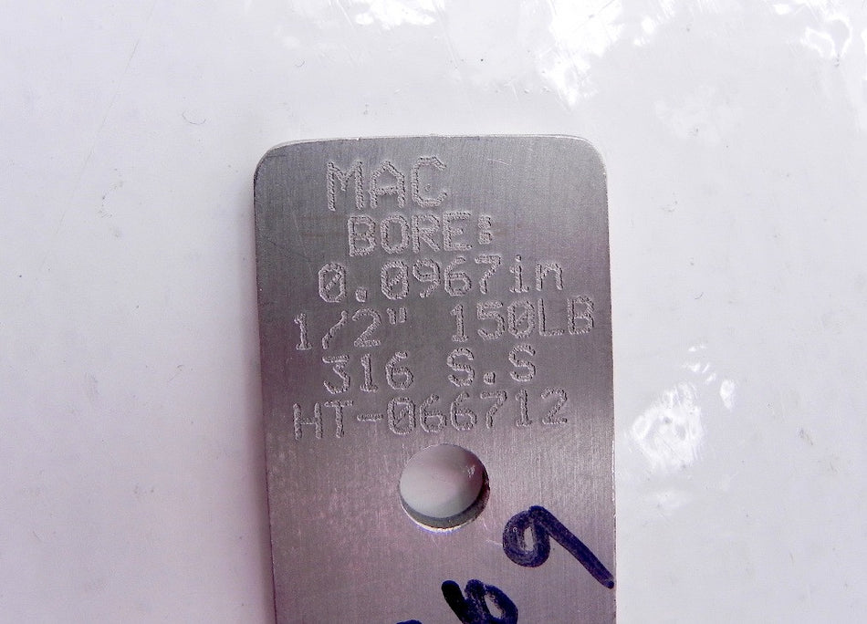 Mac-Weld Orifice Plate 1/2" 316SS-0.0967 - Advance Operations