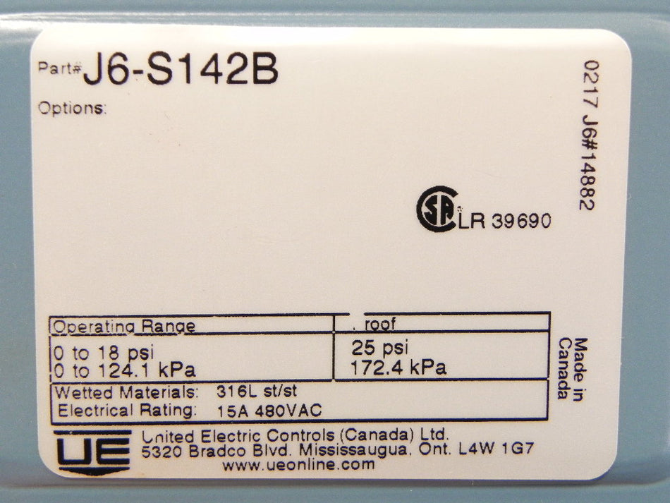 United Electric Pressure Switch J6-S142B-HAST-C22 - Advance Operations