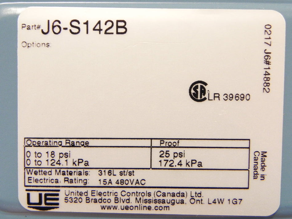 United Electric Pressure Switch J6-S142B-HAST-C22 - Advance Operations