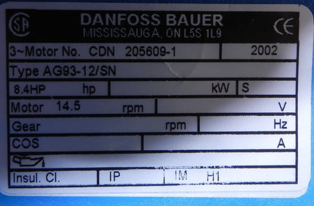 Danfoss Bauer Gear Motors Speed Reducer / Gearbox AG93-12/SN ratio 125.75 - Advance Operations