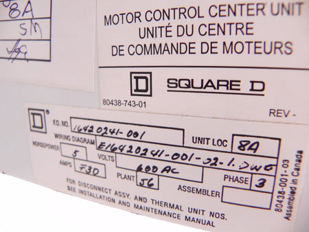 Square D MCC Bucket Model 6 Motor Control 5 HP - Advance Operations